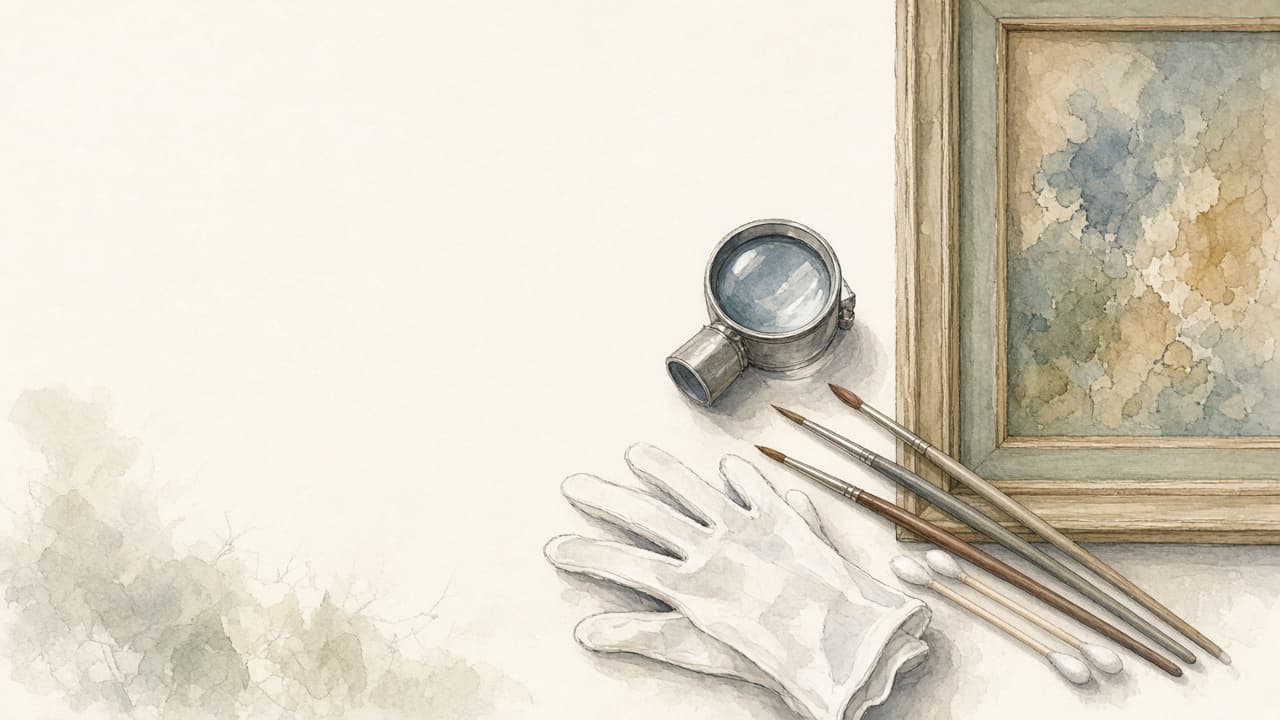 Decorative watercolor and charcoal illustration for the Art Conservator career