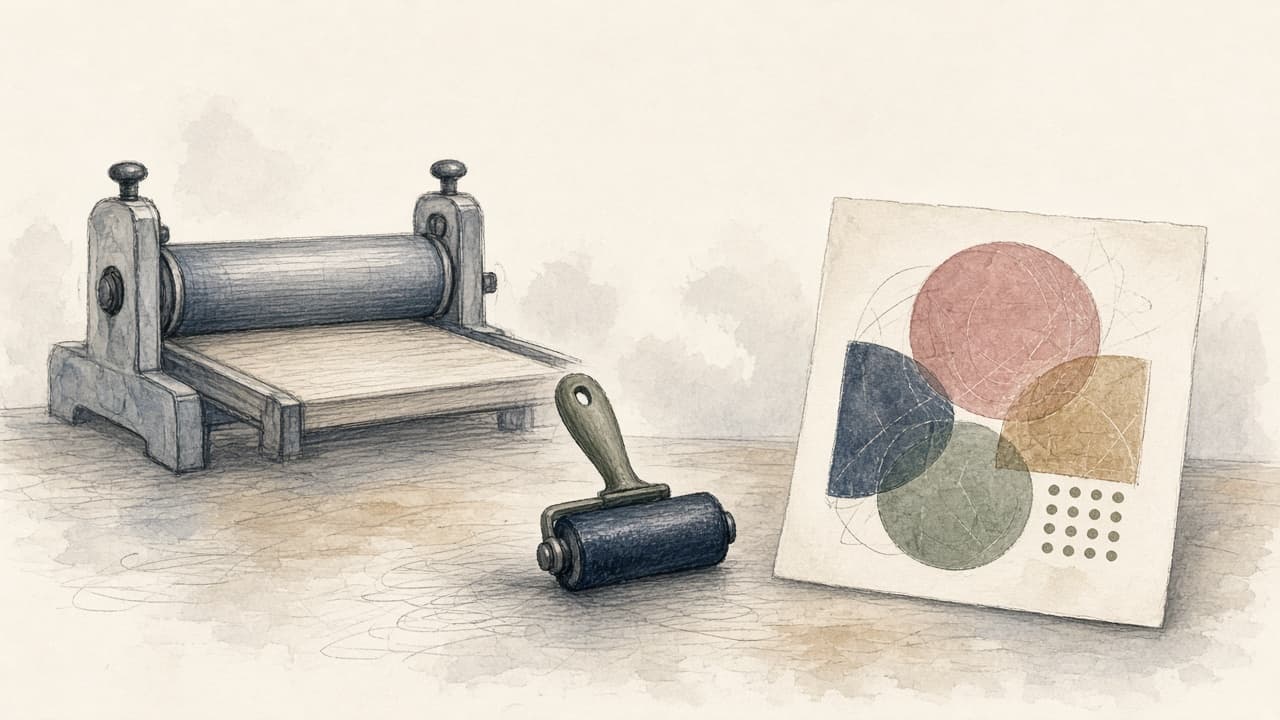 Decorative watercolor and charcoal illustration for the Printmaker career
