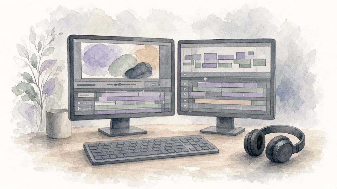 Decorative watercolor and charcoal illustration for the Video Editor career